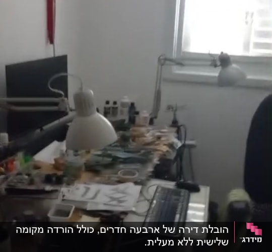 חדר עבודה עם שולחן עמוס חפצים ומחשב